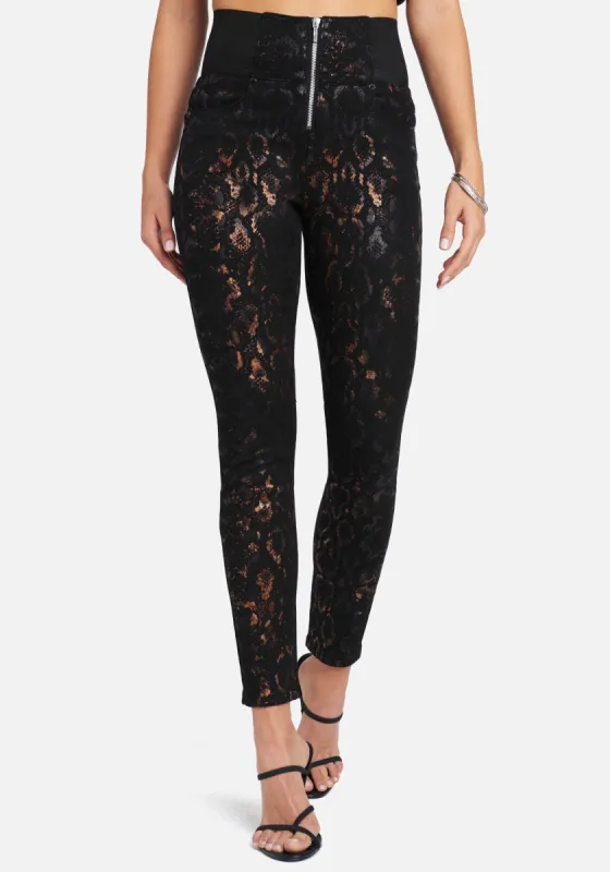 High Waist Elastic Zip Front Foil Skinny Jeans sold by Bebe
