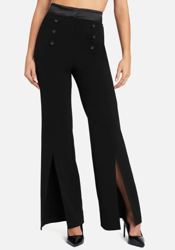 Twill Wide Leg Pant With Front Slit & Satin Waistband sold by Bebe