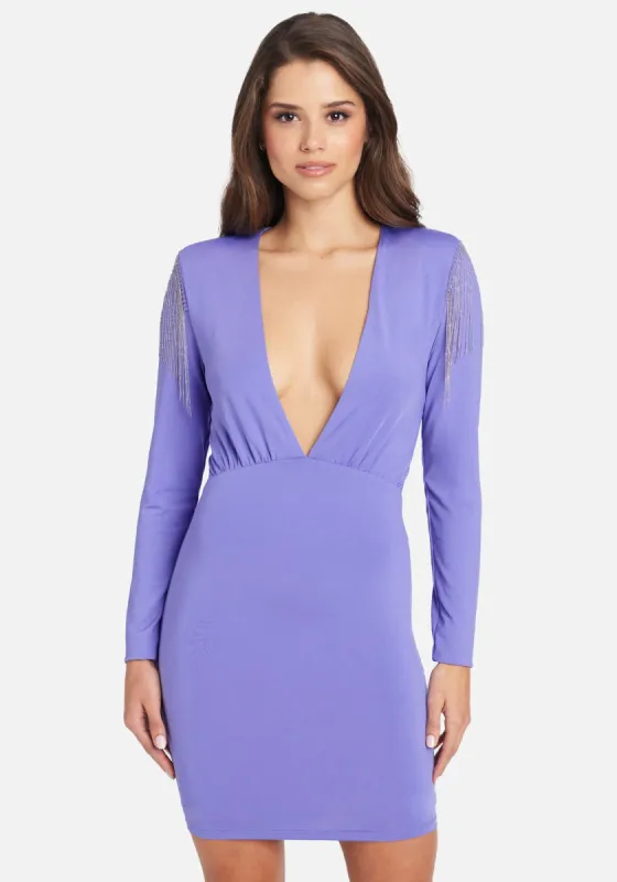 Fringe Trim V-Neck Mini Dress sold by Bebe