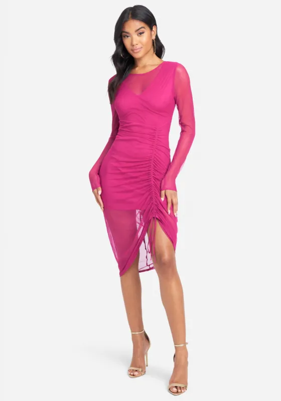 Long Sleeve Mesh Ruched Dress sold by Bebe