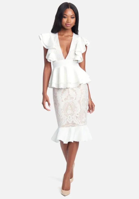 Ruffle Peplum Lace Pencil Dress sold by Bebe