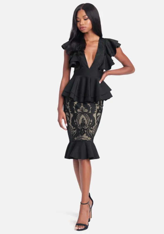 Ruffle Peplum Lace Pencil Dress sold by Bebe