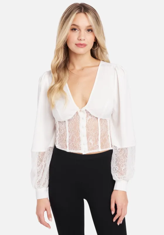 Satin & Lace Bustier Waist Blouse sold by Bebe