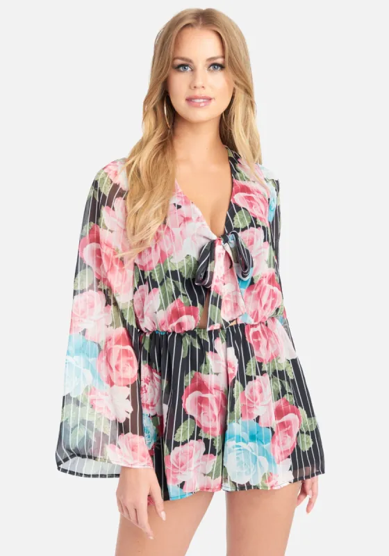 Tie Front Floral Flutter Sleeve Romper sold by Bebe