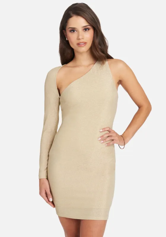 Metallic One Sleeve Mini Dress sold by Bebe
