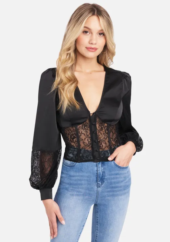 Satin & Lace Bustier Waist Blouse sold by Bebe