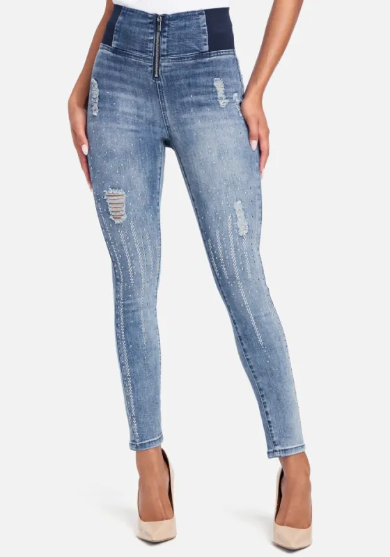 High Waist Elastic Embelished Front Leg Skinny Jeans sold by Bebe