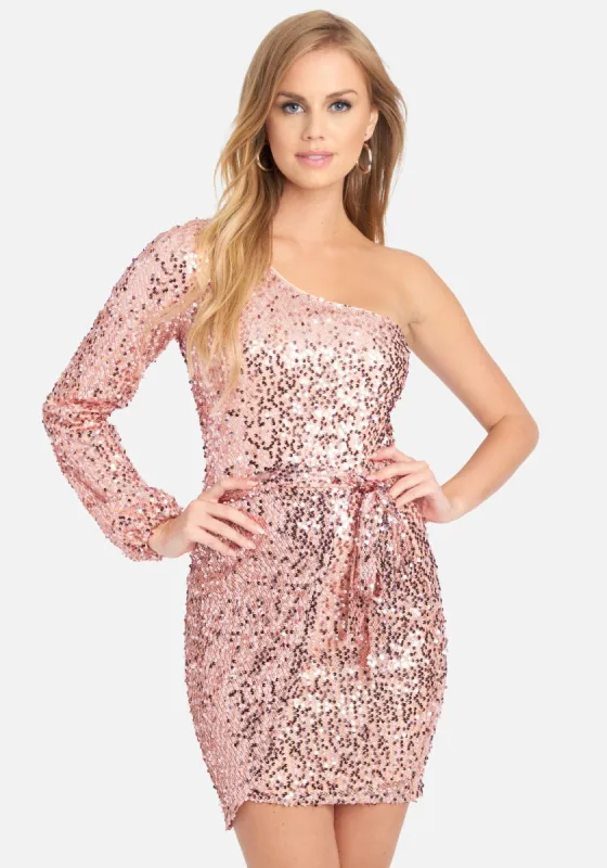 One Shoulder Sequin Wrap Dress sold by Bebe