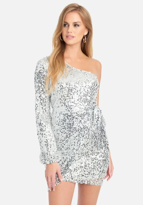 One Shoulder Sequin Wrap Dress sold by Bebe