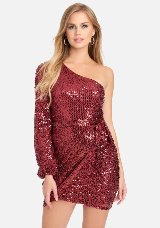 One Shoulder Sequin Wrap Dress sold by Bebe