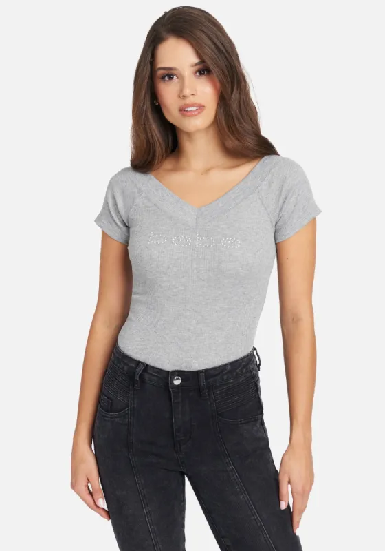 Crystal Logo Double V-Neck Short Sleeve Tee sold by Bebe