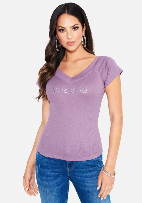 Crystal Logo Double V-Neck Short Sleeve Tee sold by Bebe
