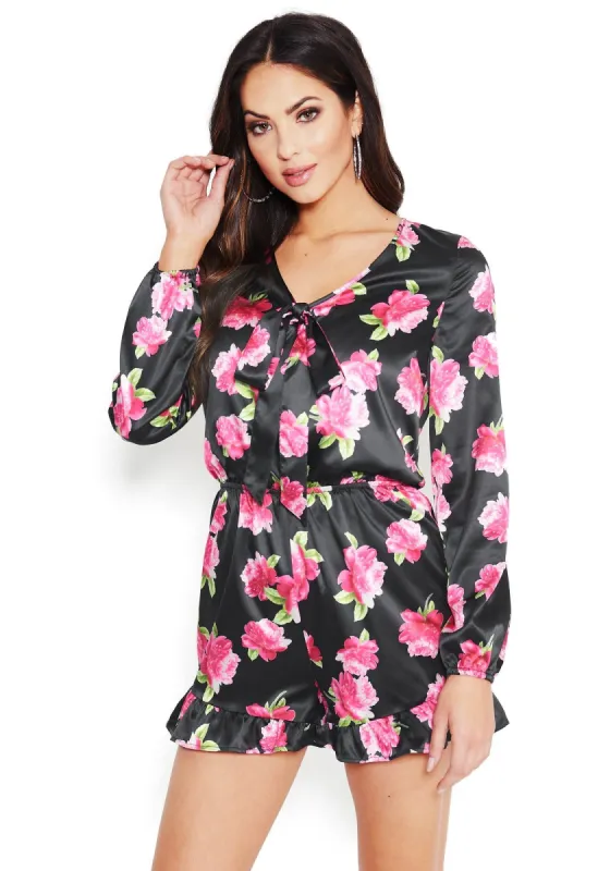 Print Long Sleeve Tie Front Romper sold by Bebe