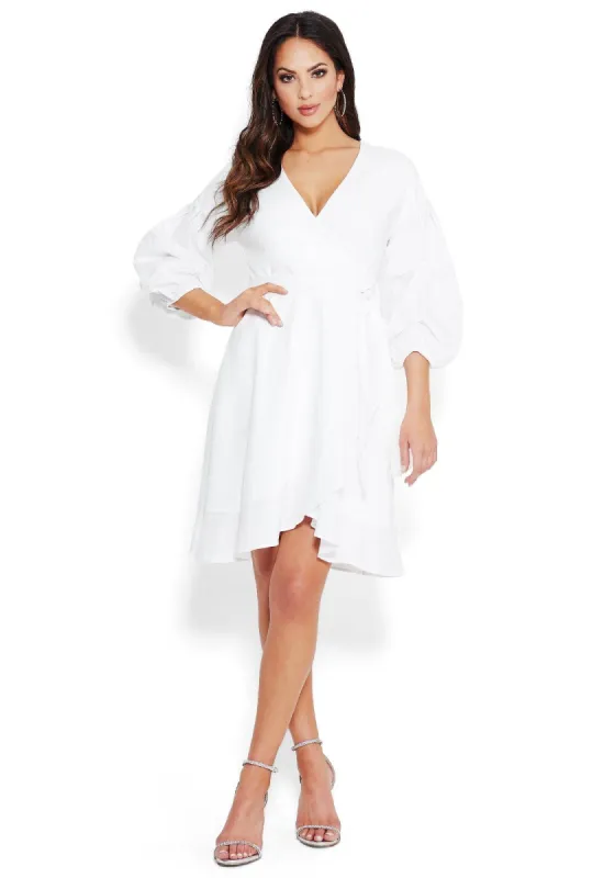 Poplin Wrap Ruffle Detail Dress sold by Bebe