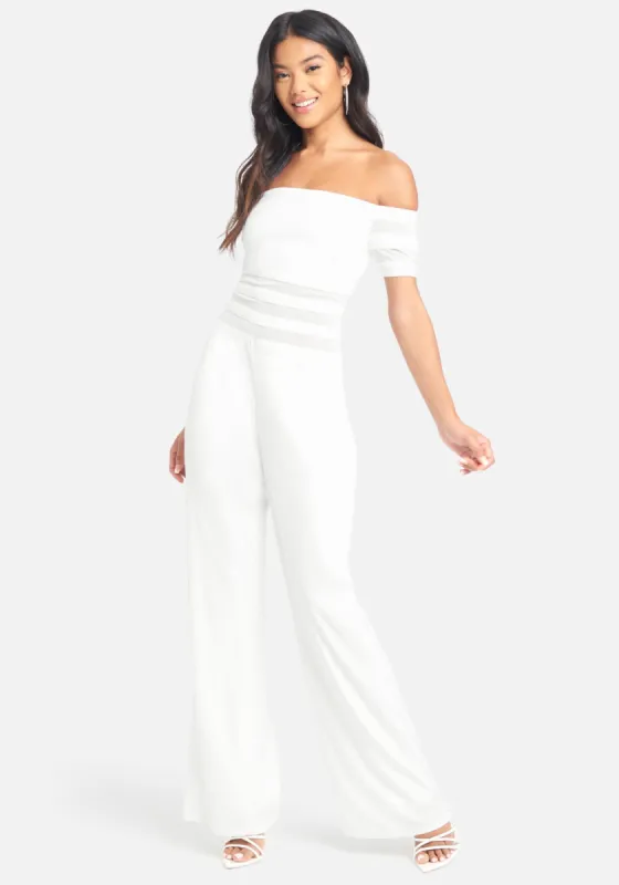 Off Shoulder Mesh Panel Jumpsuit sold by Bebe