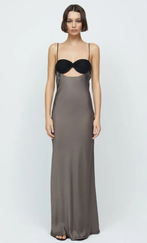 EVANGELINE STRAPPY MAXI DRESS - PEWTER/BLACK sold by bec + bridge