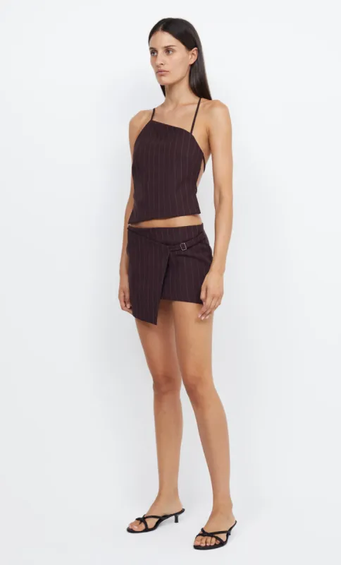 JADE WRAP MINI SKIRT - PLUM PINSTRIPE sold by bec + bridge