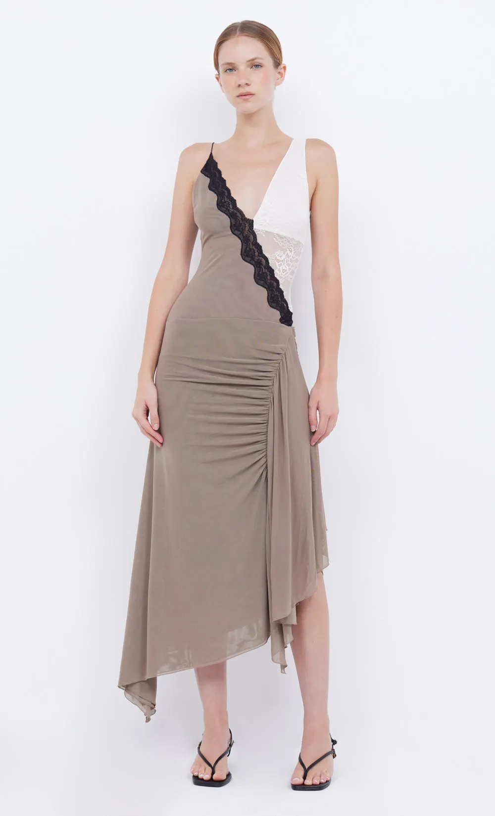ABRIELLE ASYM MIDI DRESS - TAUPE/IVORY sold by bec + bridge