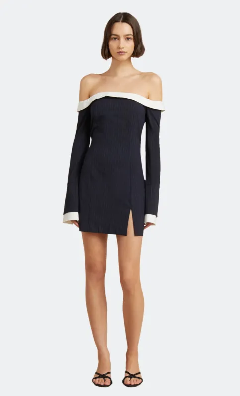 CECE OFF SHOULDER DRESS - INK PINSTRIPE sold by bec + bridge