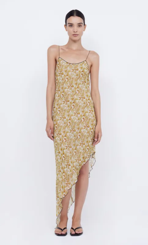 FLORENTINE ASYM MIDI DRESS - GOLDEN BLURRED FLORAL sold by bec + bridge