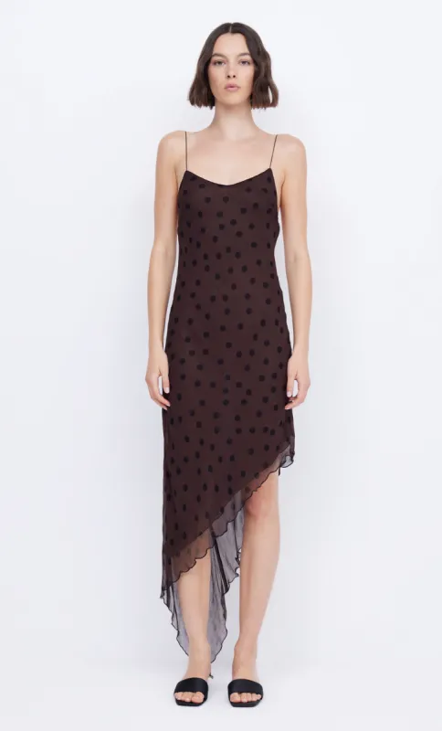 FLORENTINE ASYM MIDI DRESS - CHOCOLATE/BLACK sold by bec + bridge