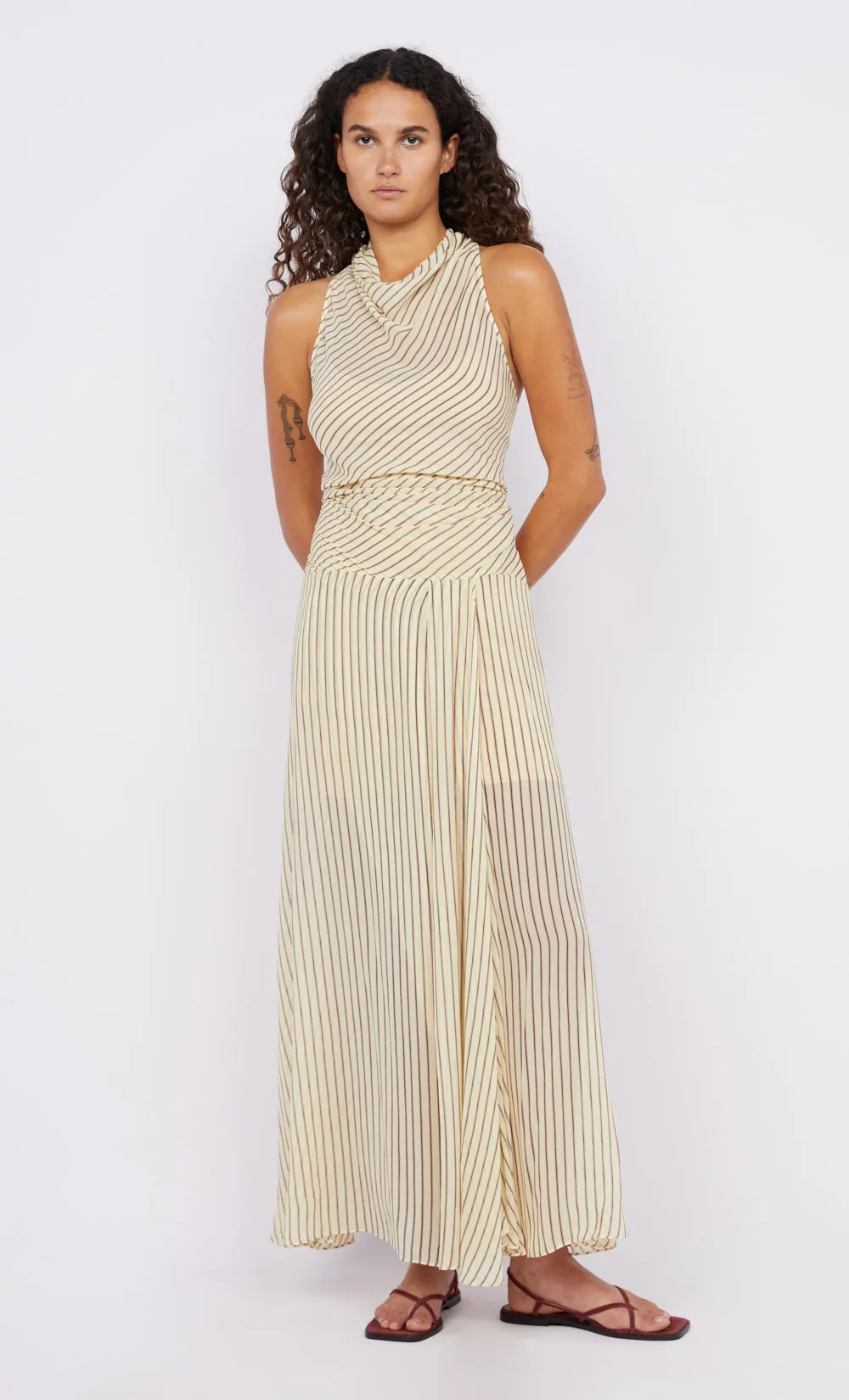 ANISE HIGH NECK DRESS - BUTTER/PLUM STRIPE sold by bec + bridge