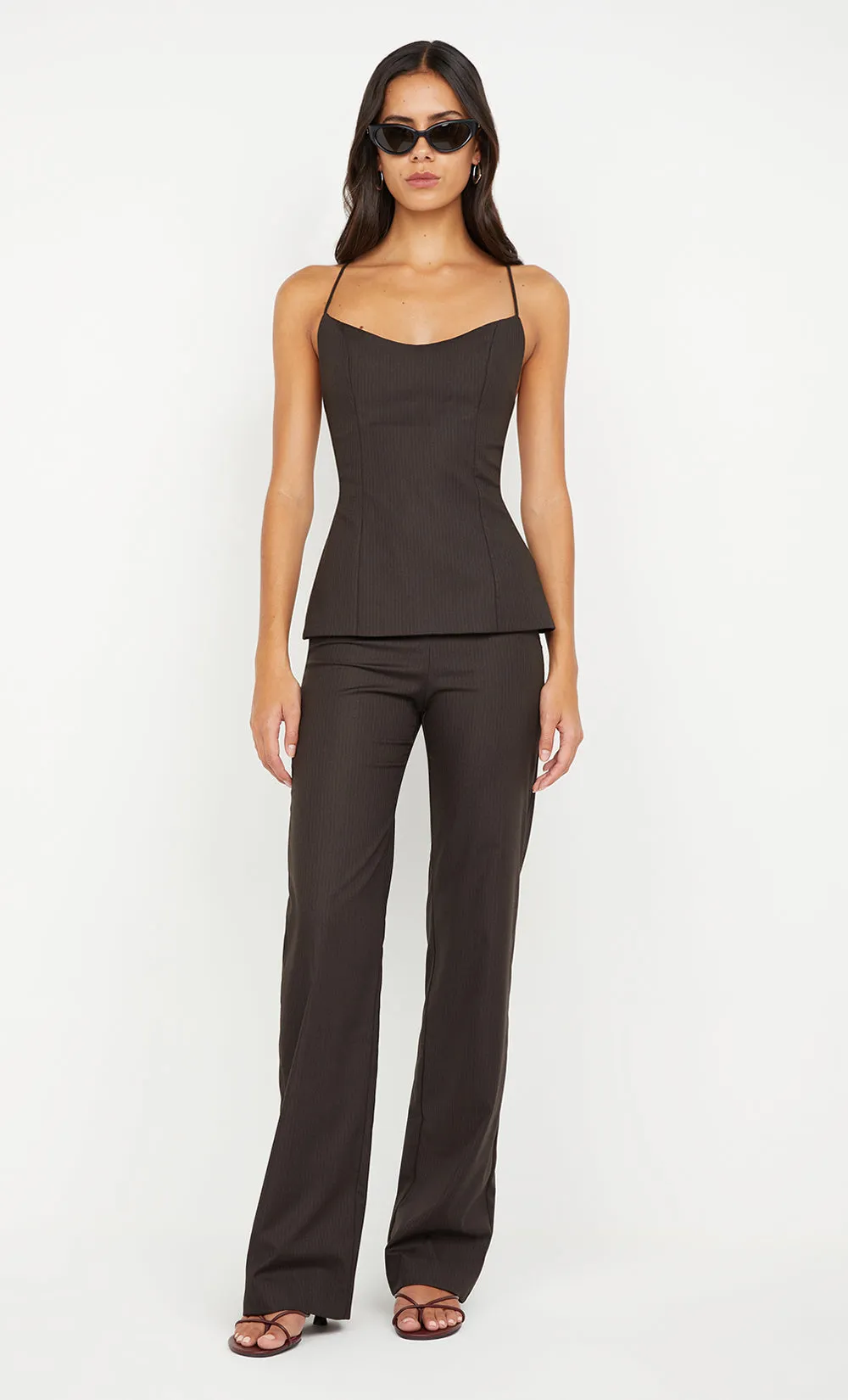 INGRID TIE TOP - CHOC PINSTRIPE sold by bec + bridge