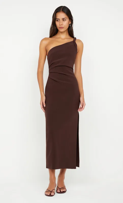 ARIVEN ASYM MIDI DRESS - DARK CHOCOLATE sold by bec + bridge