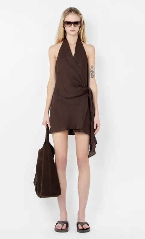 AUBREE WRAP MINI DRESS - DARK CHOCOLATE sold by bec + bridge