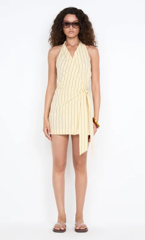 KIANA WRAP MINI DRESS - BUTTER/CHOC STRIPE sold by bec + bridge