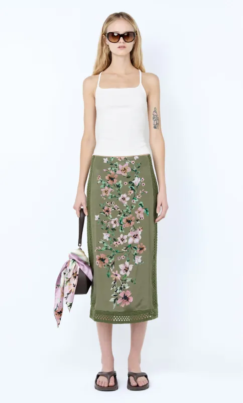CAMELIA MIDI SKIRT - OLIVE GARDENIA FLORAL made by bec + bridge