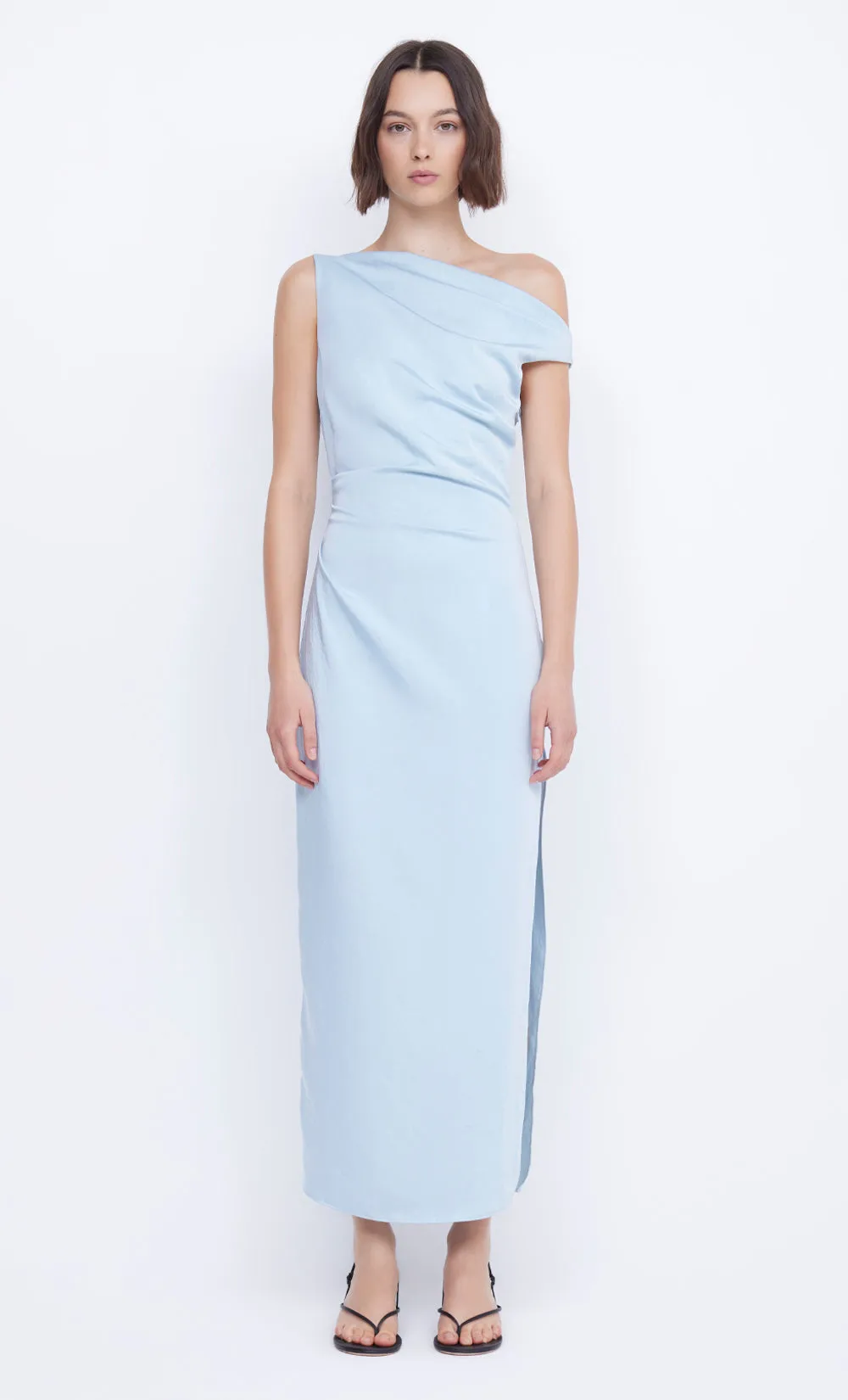 ROCHELLE ASYM MIDI DRESS - DOLPHIN BLUE sold by bec + bridge