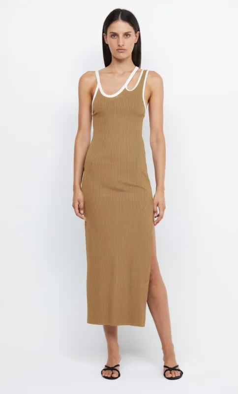 HARI BACKLESS MIDI DRESS - CAMEL/IVORY sold by bec + bridge