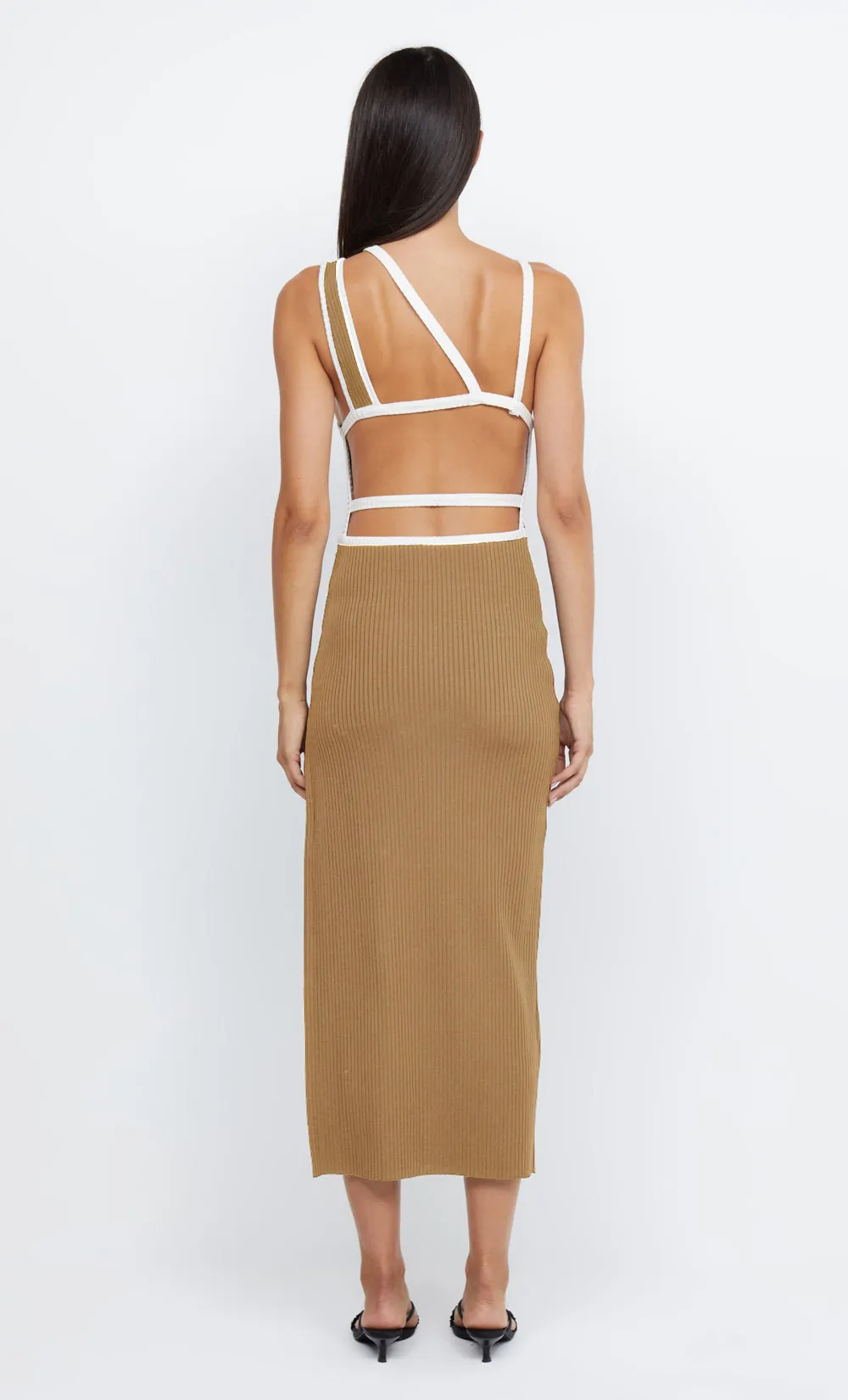HARI BACKLESS MIDI DRESS - CAMEL/IVORY sold by bec + bridge product image thumbnail 2