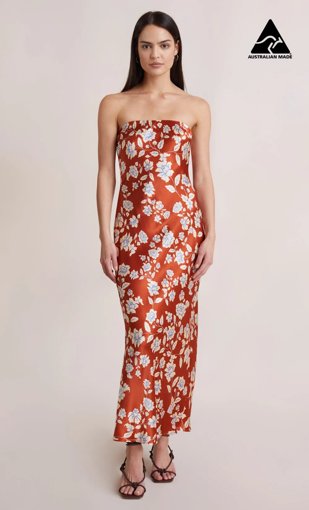 BLOSSOM STRAPLESS MAXI DRESS - RUST PRINT sold by bec + bridge