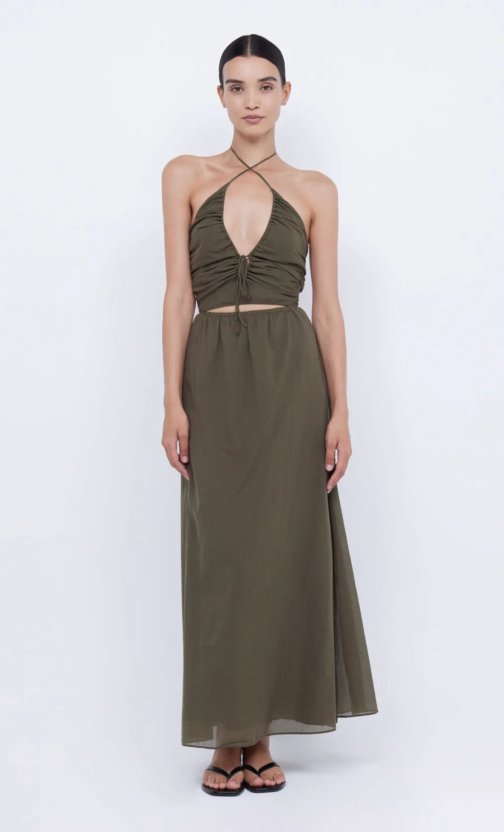 CALYPSO HALTER MAXI DRESS - OLIVE GREEN sold by bec + bridge