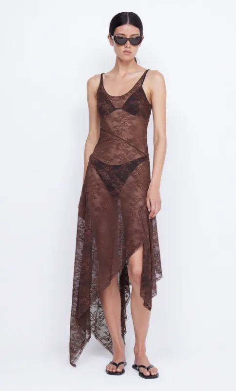 ADONIA ASYM MIDI DRESS - CHOCOLATE sold by bec + bridge