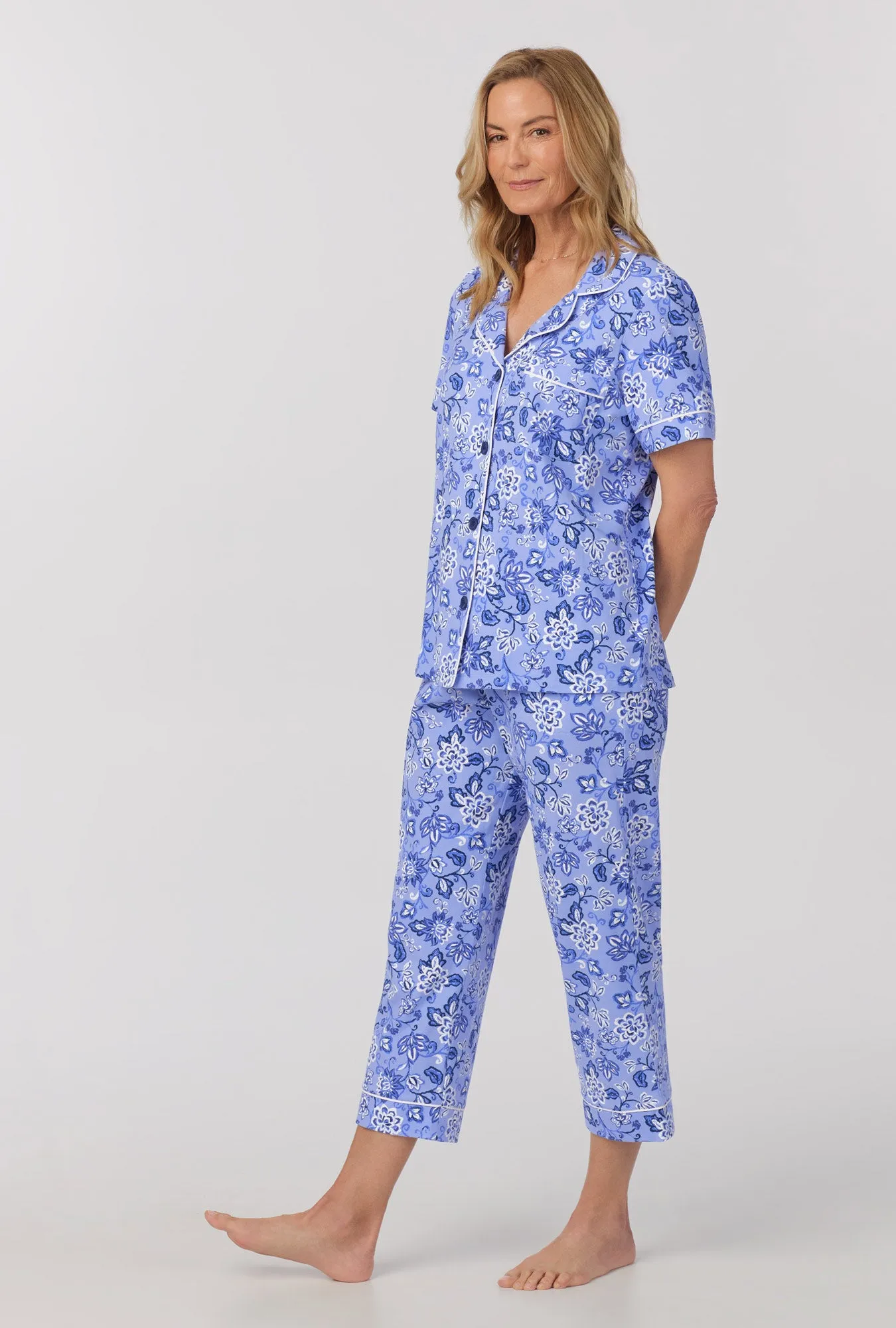 Blue Desert Flowers Short Sleeve Classic Stretch Jersey Cropped PJ Set sold by BedHead product image thumbnail 3