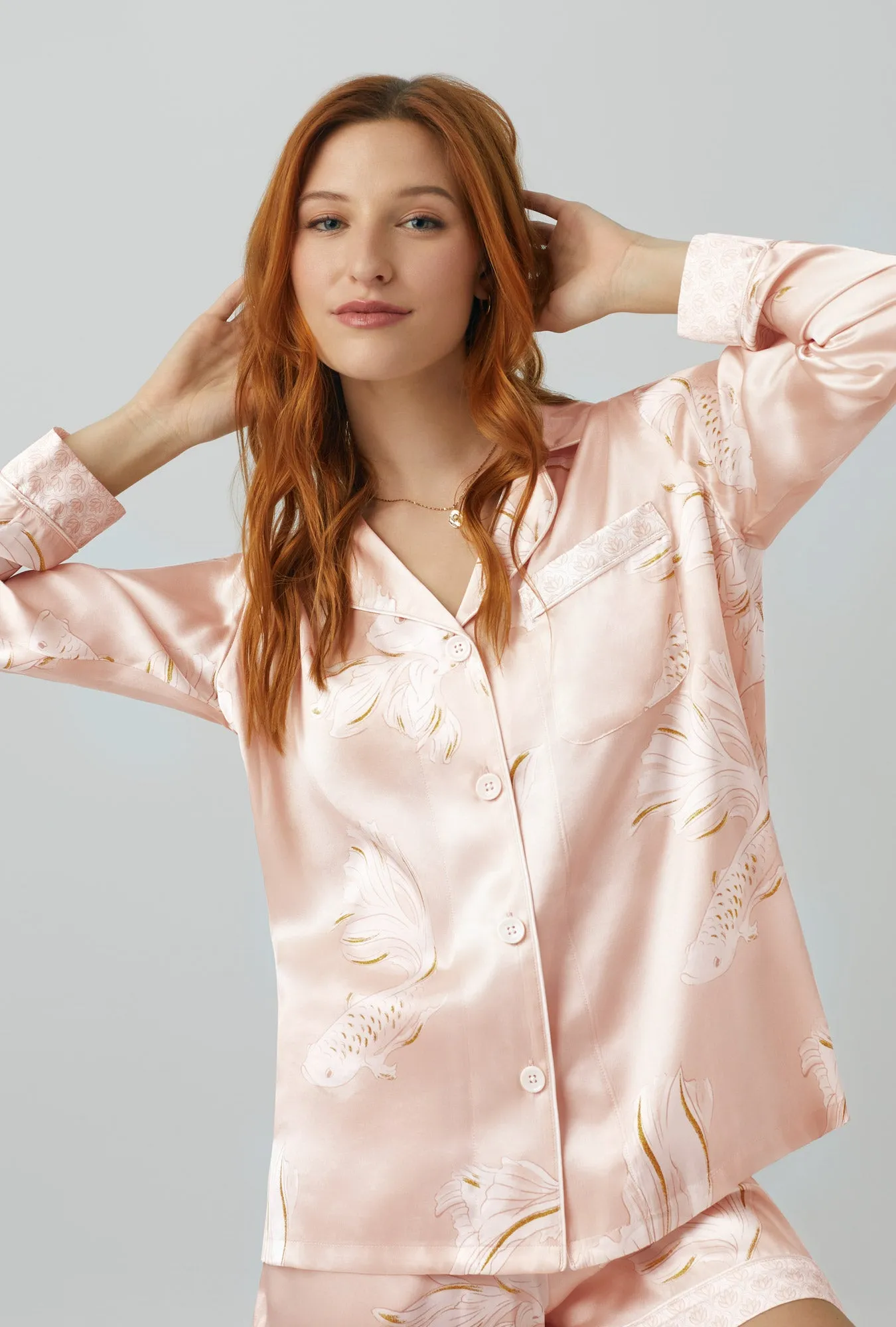 Koi Pond Long Sleeve Classic Washable Silk Satin Shorty PJ Set sold by BedHead product image thumbnail 3