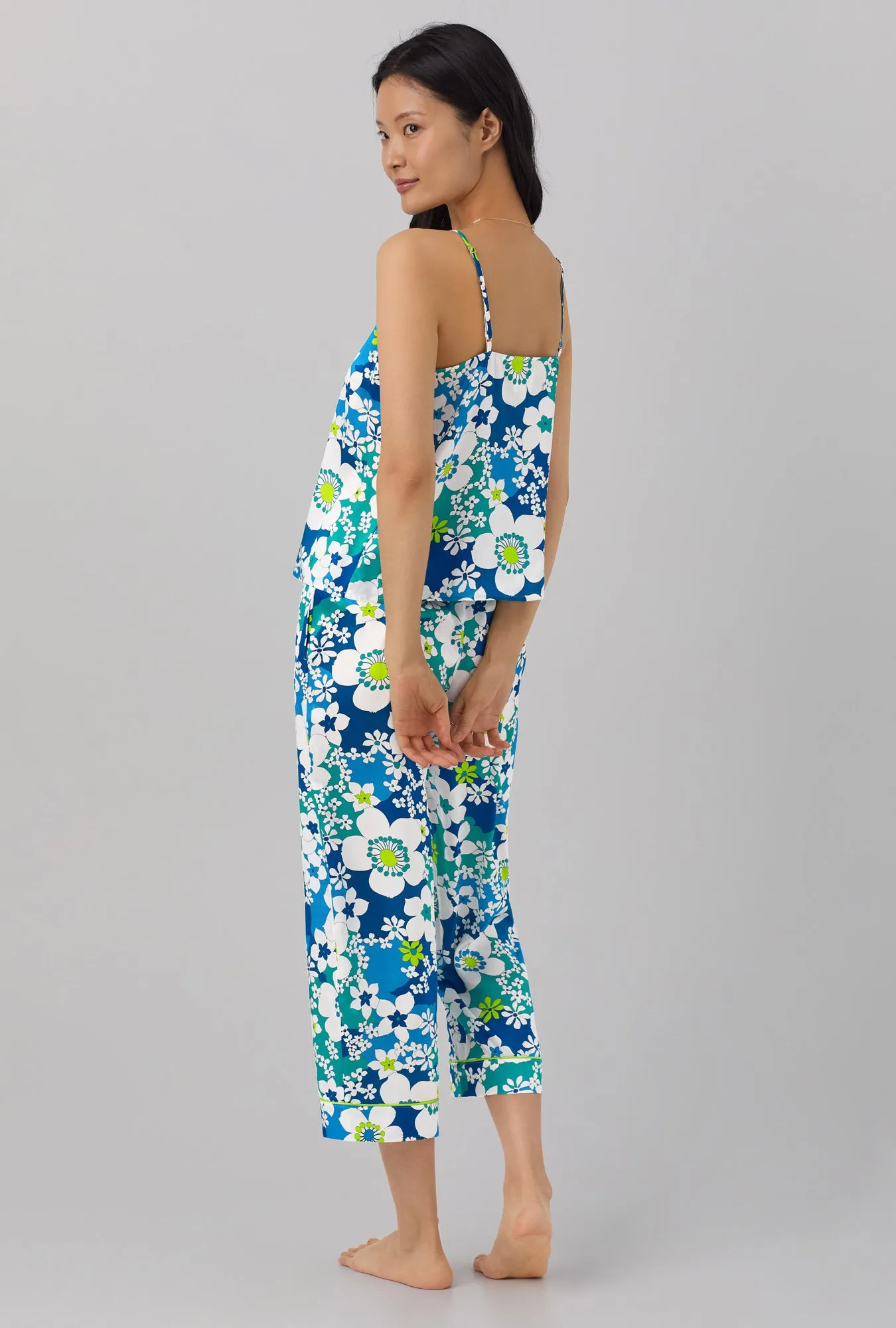 BedHead x Trina Turk Bali Blue Floral Women's Cami Washable Silk Satin Cropped PJ Set sold by BedHead product image thumbnail 4