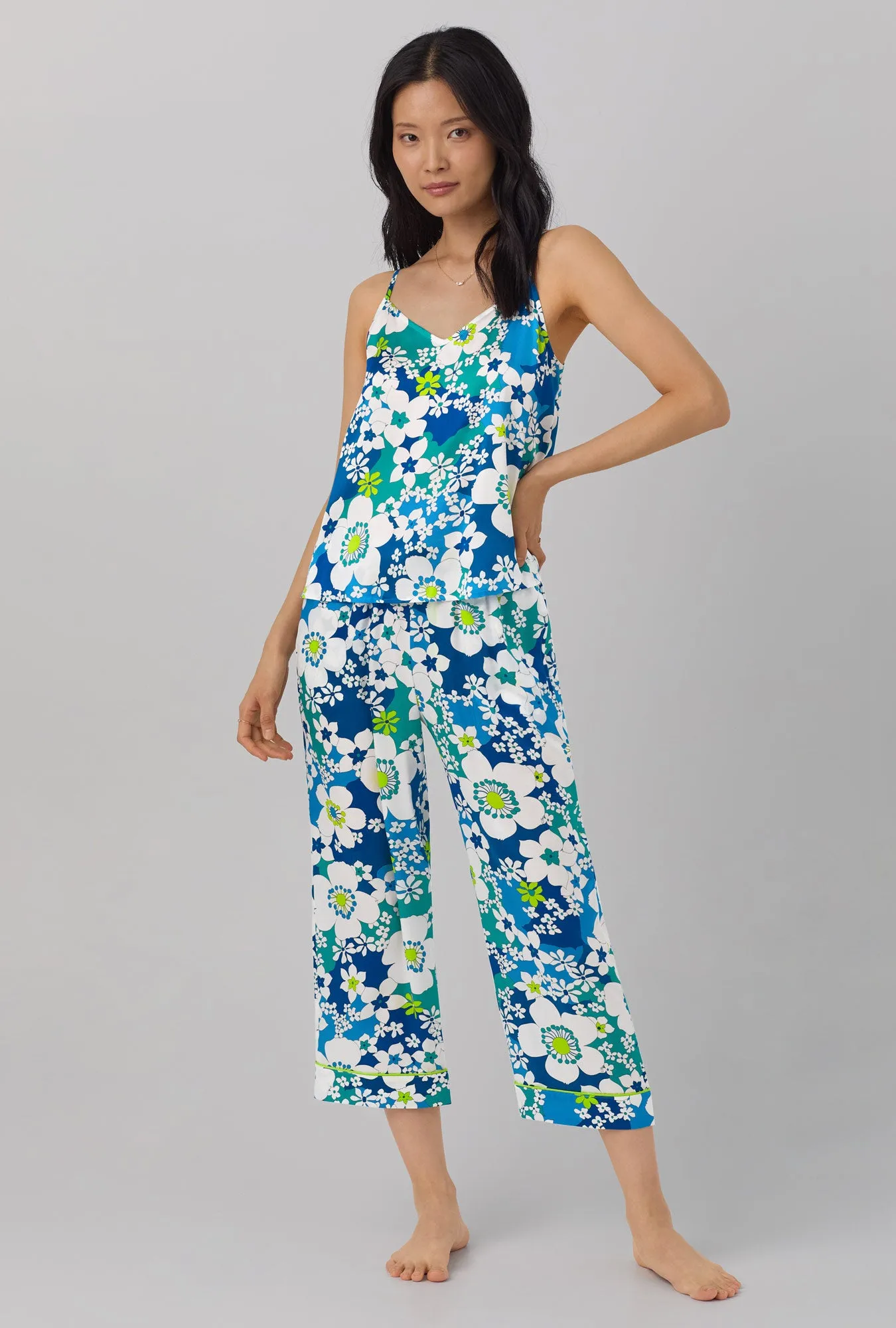 BedHead x Trina Turk Bali Blue Floral Women's Cami Washable Silk Satin Cropped PJ Set sold by BedHead product image thumbnail 2