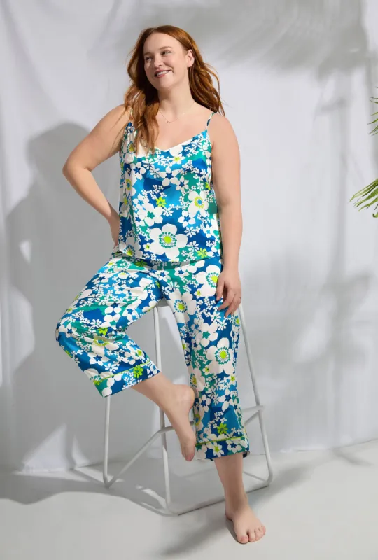 BedHead x Trina Turk Bali Blue Floral Women's Cami Washable Silk Satin Cropped PJ Set sold by BedHead