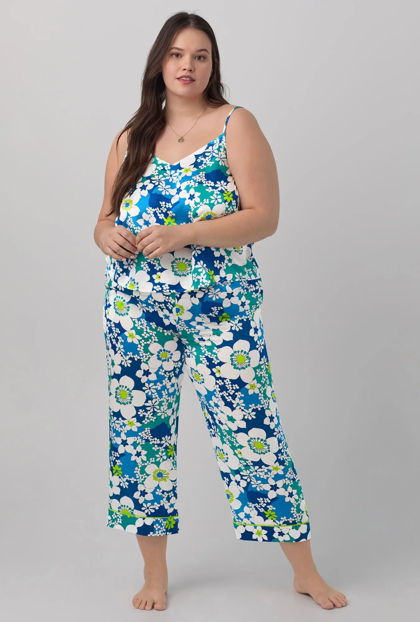 BedHead x Trina Turk Bali Blue Floral Women's Cami Washable Silk Satin Cropped PJ Set sold by BedHead product image thumbnail 5