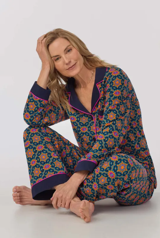 BedHead x Trina Turk Navy Royal Foulard Women's Long Sleeve Classic Stretch Jersey PJ Set sold by BedHead