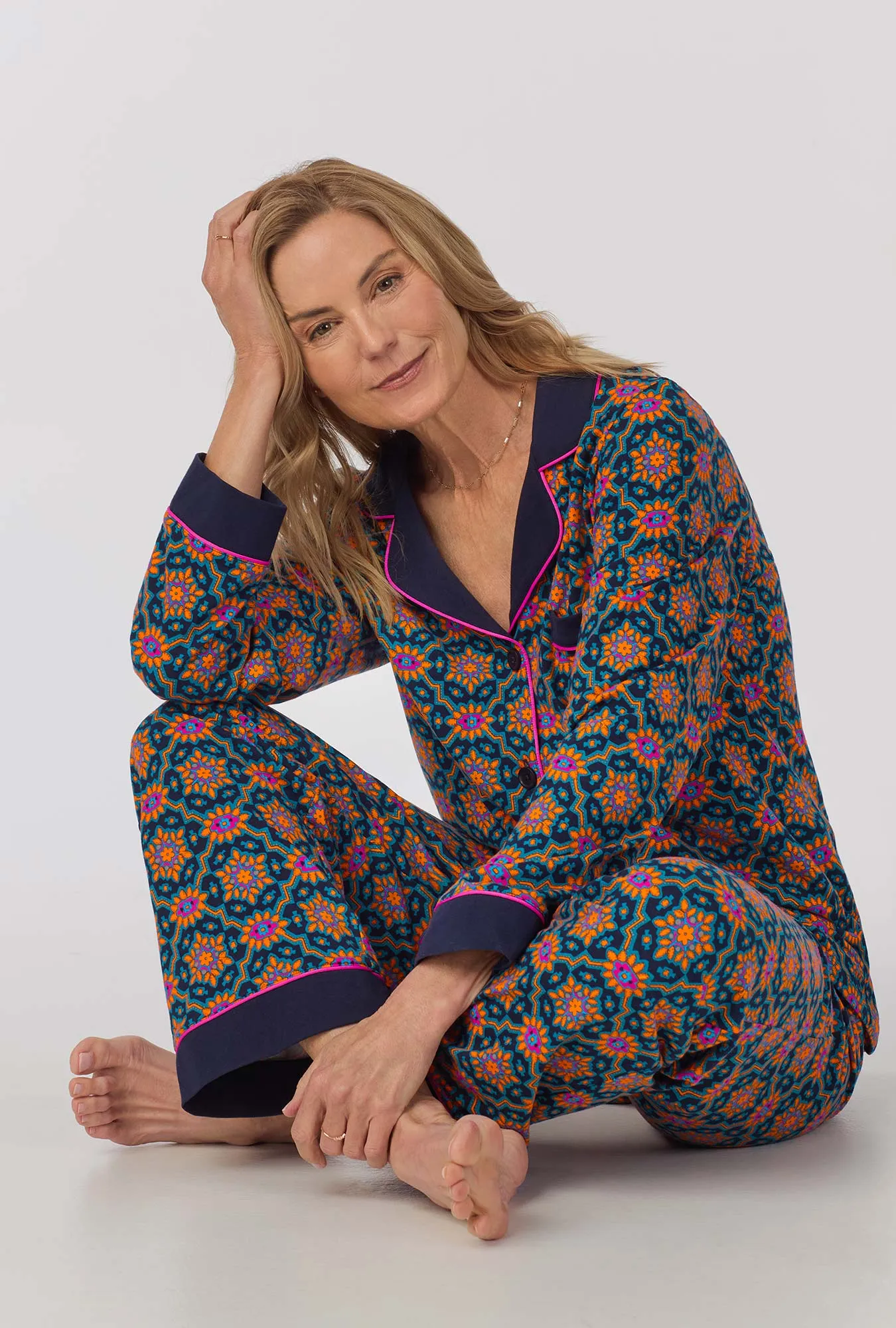 BedHead x Trina Turk Navy Royal Foulard Women's Long Sleeve Classic Stretch Jersey PJ Set sold by BedHead