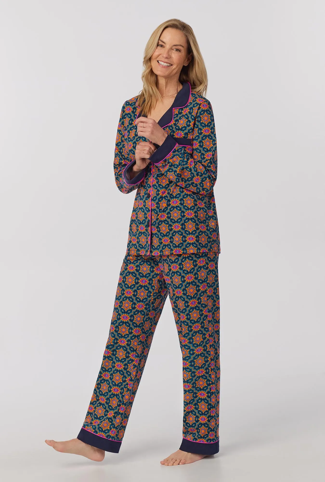 BedHead x Trina Turk Navy Royal Foulard Women's Long Sleeve Classic Stretch Jersey PJ Set sold by BedHead product image thumbnail 3