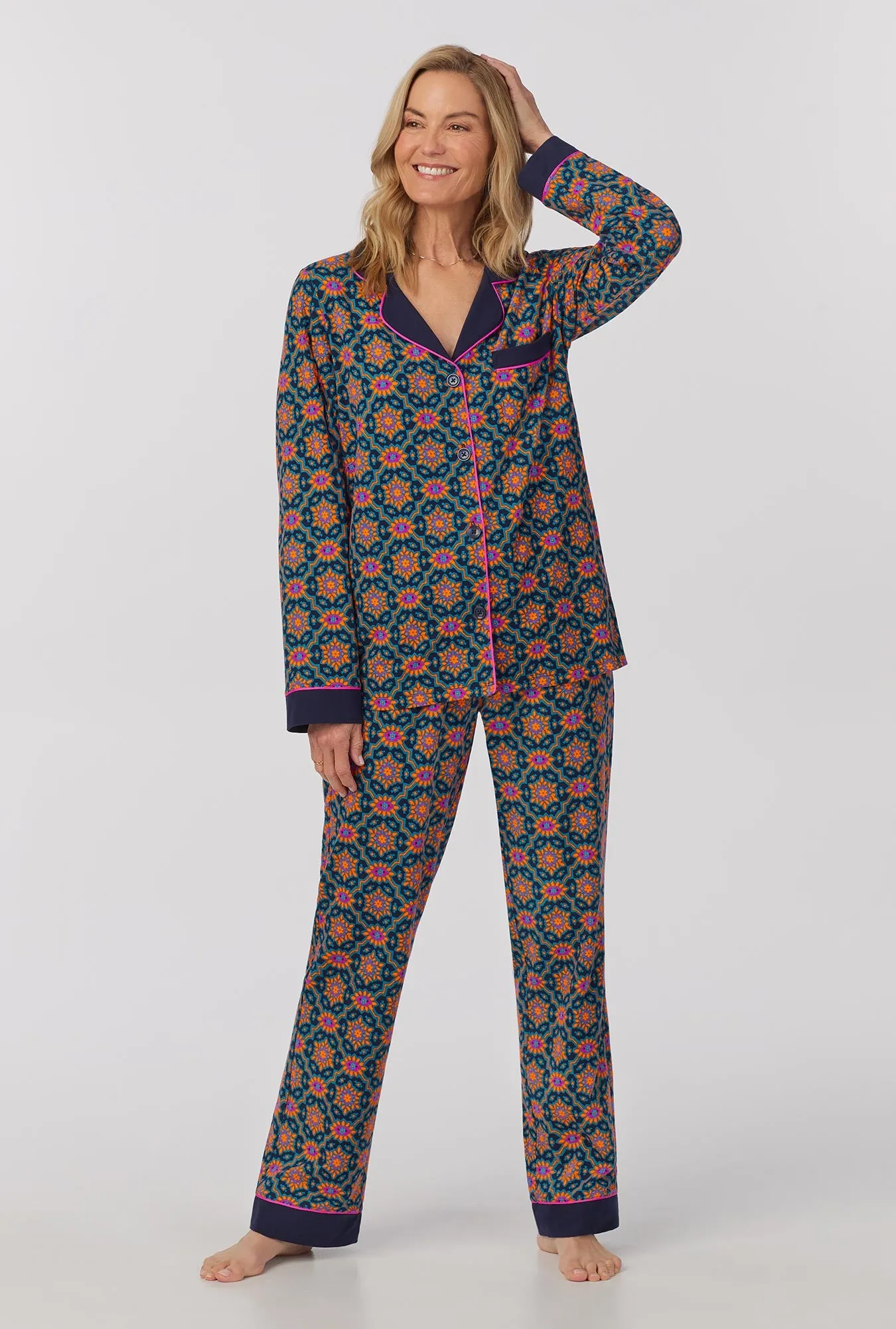 BedHead x Trina Turk Navy Royal Foulard Women's Long Sleeve Classic Stretch Jersey PJ Set sold by BedHead product image thumbnail 2