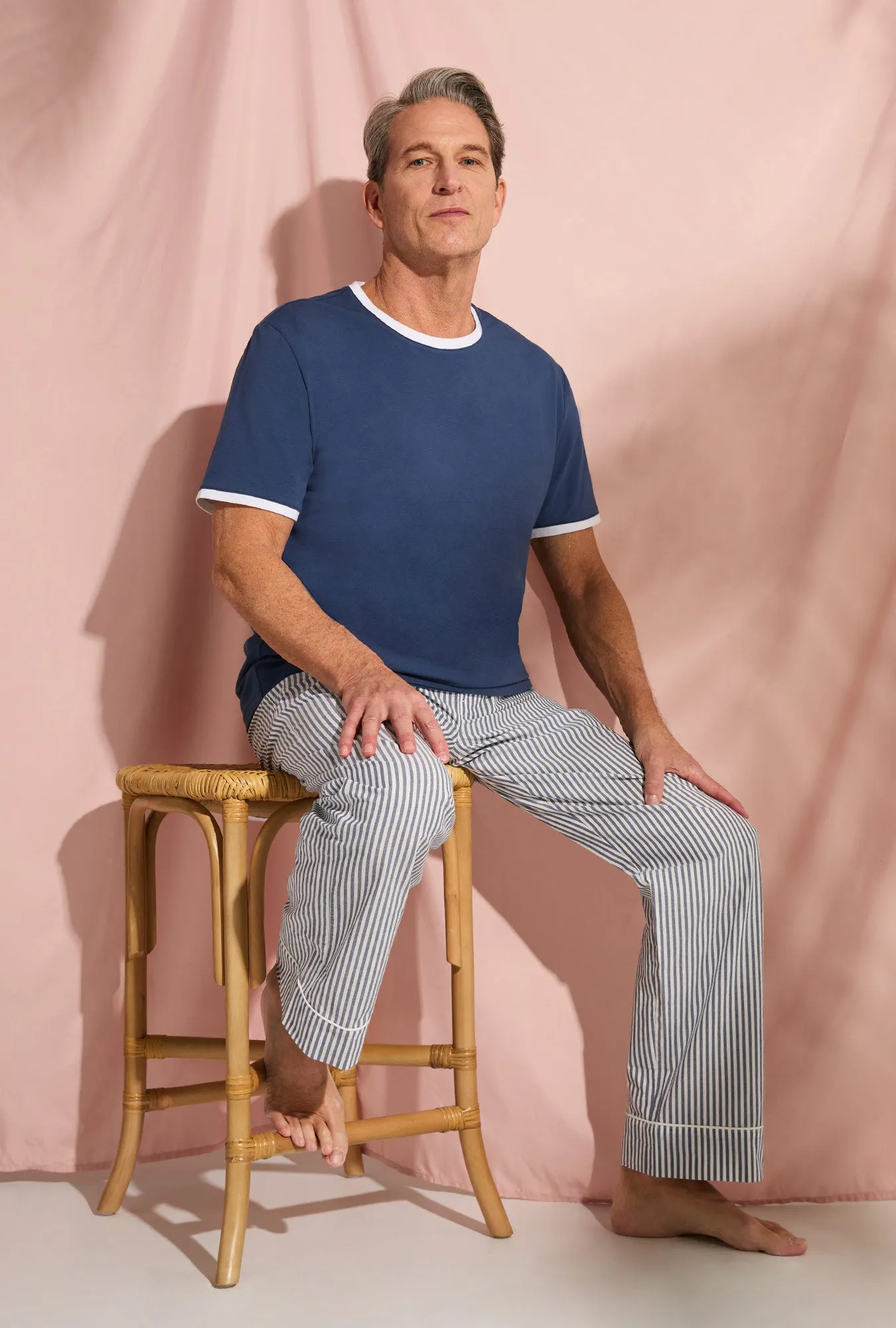 Blue South Shore Stripe Men's Short Sleeve Tee Woven Cotton Poplin PJ Set sold by BedHead