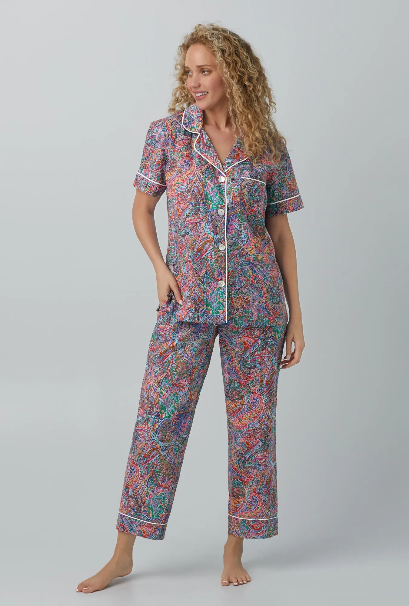 Dana Sharmin Short Sleeve Classic Woven Cotton Tana Lawn® Cropped PJ Set Made with Liberty Fabrics sold by BedHead