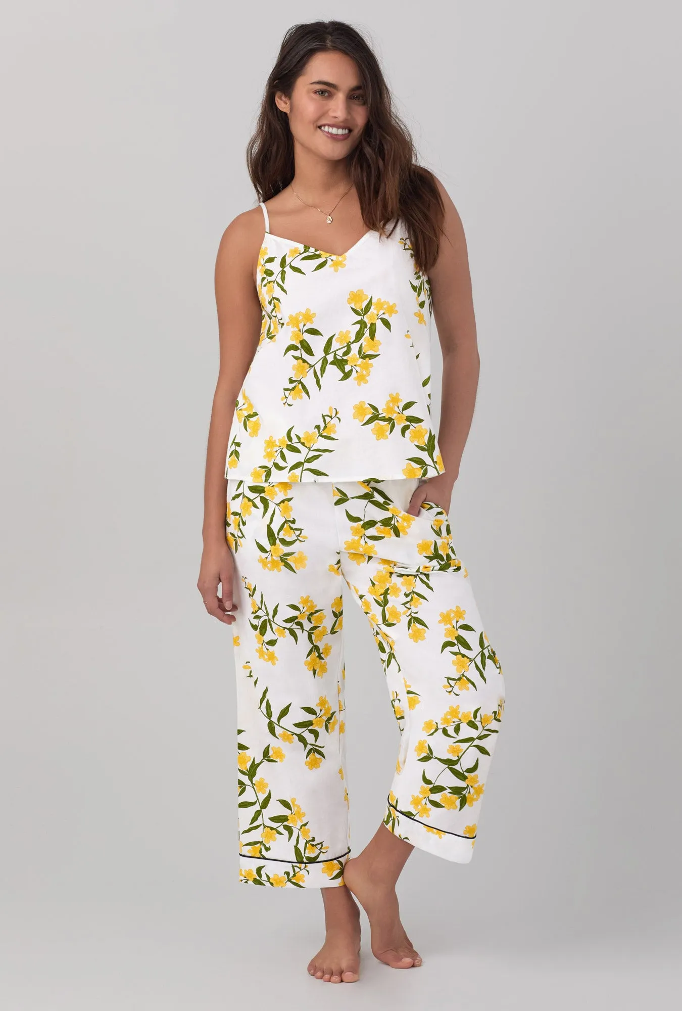 Carolina Jasmine Tank Woven Cotton Poplin Cropped PJ Set sold by BedHead